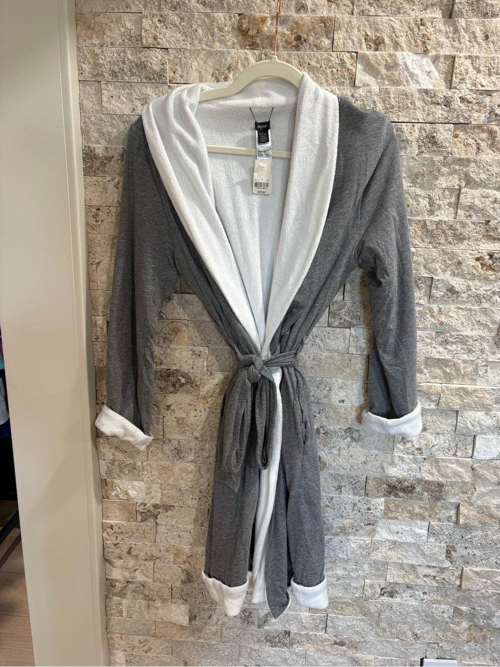 Cozy Women's Gray & White Hooded Robe with Shawl Collar